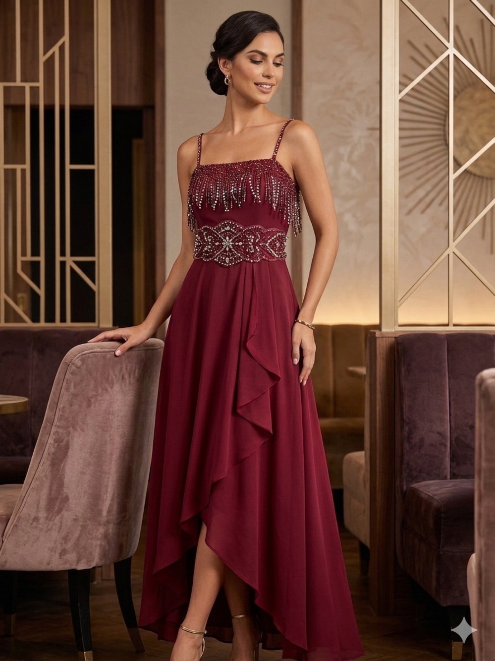 Speechless Burgundy Beaded High-Low Evening Dress